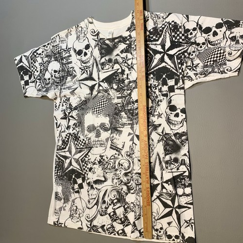 T-shirt VINTAGE argento stampa teschio all over uomo taglia grande biker tatuaggio gotico - Foto 6 di 8