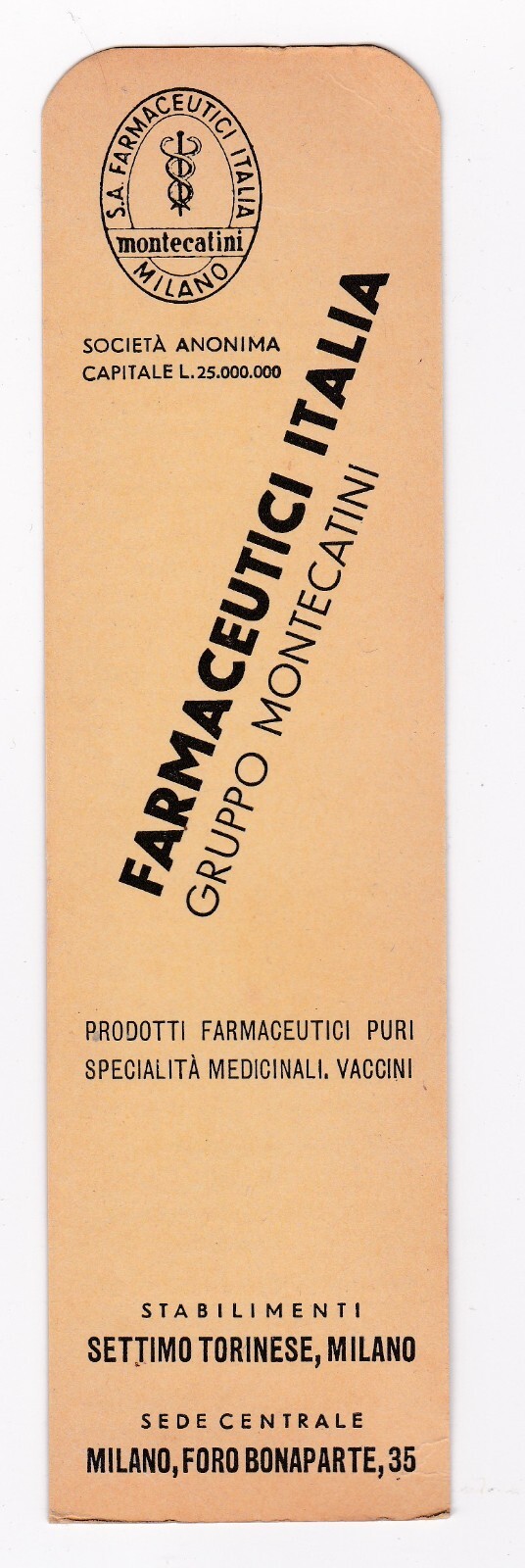 Segnalibro Farmaceutici Italia Gruppo Montecatini Milano SCV3