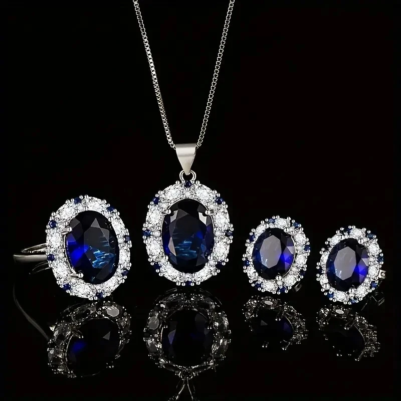 Juego de collar y pendiente anillo nupcial zafiro creado en laboratorio chapado en oro blanco de 14K Foto 3 de 4