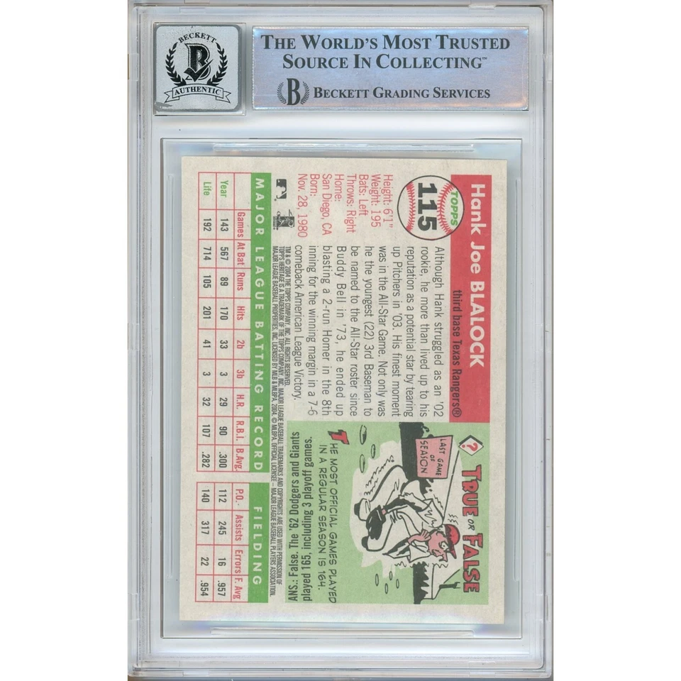 汉克·布拉洛克签名 2004 年 Topps Heritage #115 德克萨斯游骑兵队 BAS Slabbed 签名 10 — 第 4/4 张图片