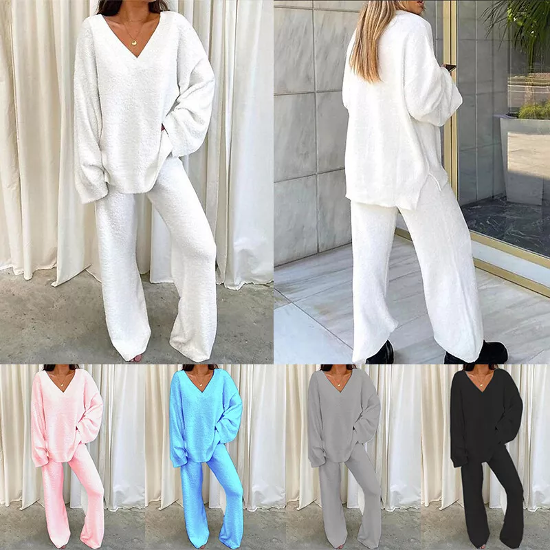 Winter Two Piece Set Leisure Suit Outfits Women Long Elastic Waist Loose Pajamas