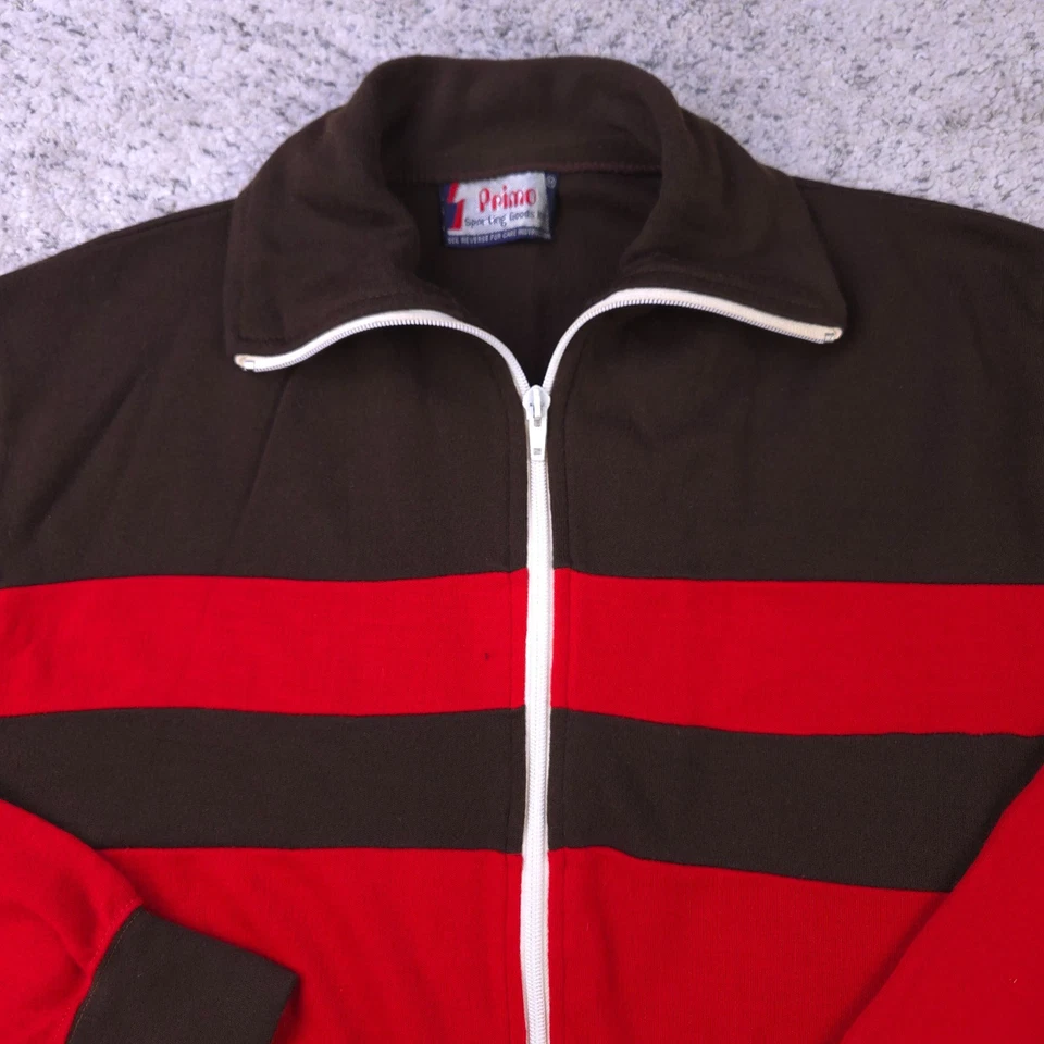 Chaqueta deportiva vintage para mujer mediana años 80 tejida roja marrón cremallera completa bolsillos Primo Foto 3 de 4
