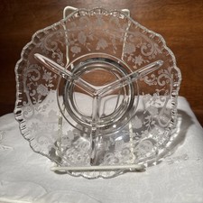 Cambridge Glass Rose Point 3 part Silver Plated footed Dish