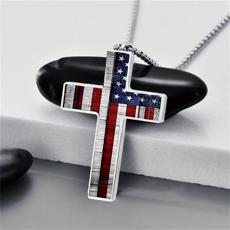 American Flag Cross Necklace Stainless Steel 24In Chain Mens Patriotic Gift