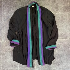 Women's Vintage 80s Synari USA Black Purple Green Kimono Open Duster Shirt Sz 16