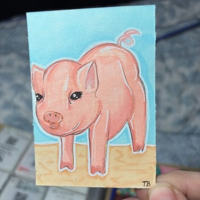 ACEO Original Art Trading Card Cute Pig Toripandaart Atc Ooak