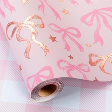 Pink Wrapping Paper Roll, Cute Bow Gift Wrap, Reversible Plaid Gift Paper for Gi