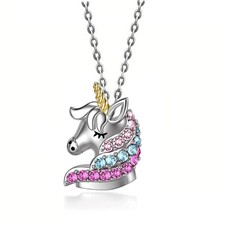 Colored Rhinestone Unicorn Necklace Cartoon Horse Pendant Xmas Birthday Gift