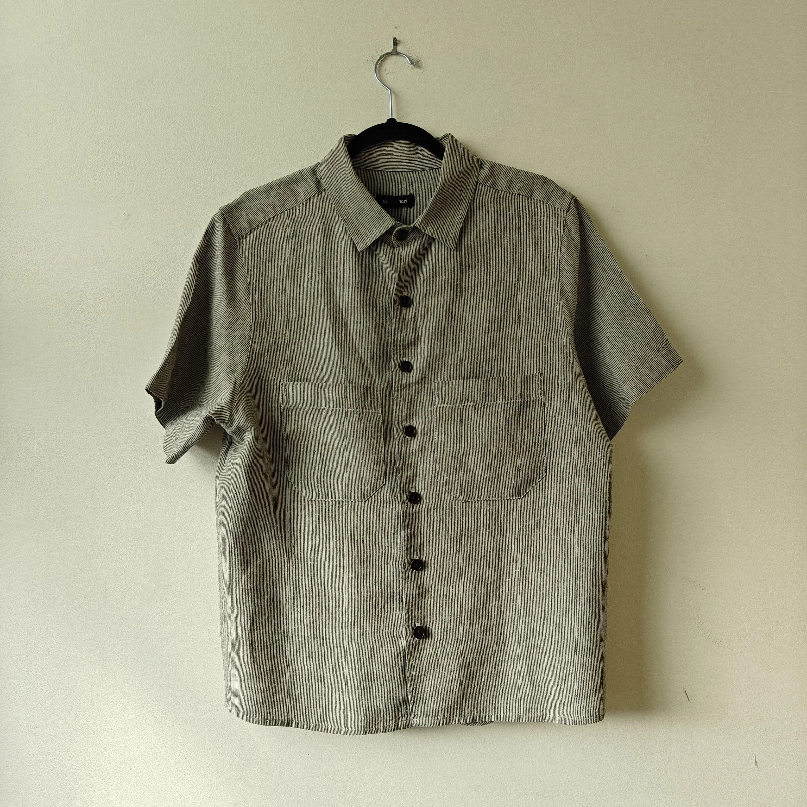 Evan Kinori Shirt Sleeve Shirt Tumbled Linen Stripe Size L Made USA No Tag $495