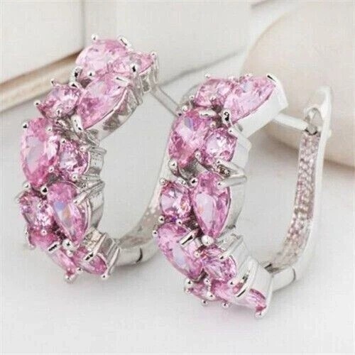2.25 Ct Pear Cut Simulated Pink Sapphire Hoop Earrings In 14k White Gold Plated - Picture 2 of 4