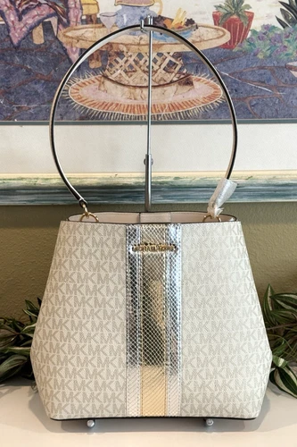 MICHAEL KORS PRATT MEDIUM BUCKET SHOULDER BAG TOTE MK PALE GOLD METALLIC STRIPE