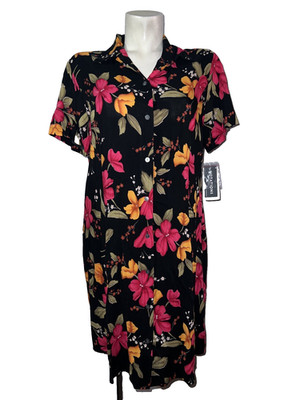New Notations Shirt Dress Midi Women's Size L Black Floral Button Front Romantic
