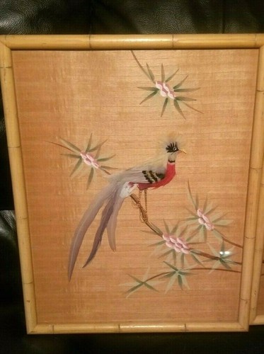 2 TROPICAL BIRDS MADE BY REAL FEATHERS IN BAMBOO TYPE FRAMES 15" X 20" - Picture 2 of 3