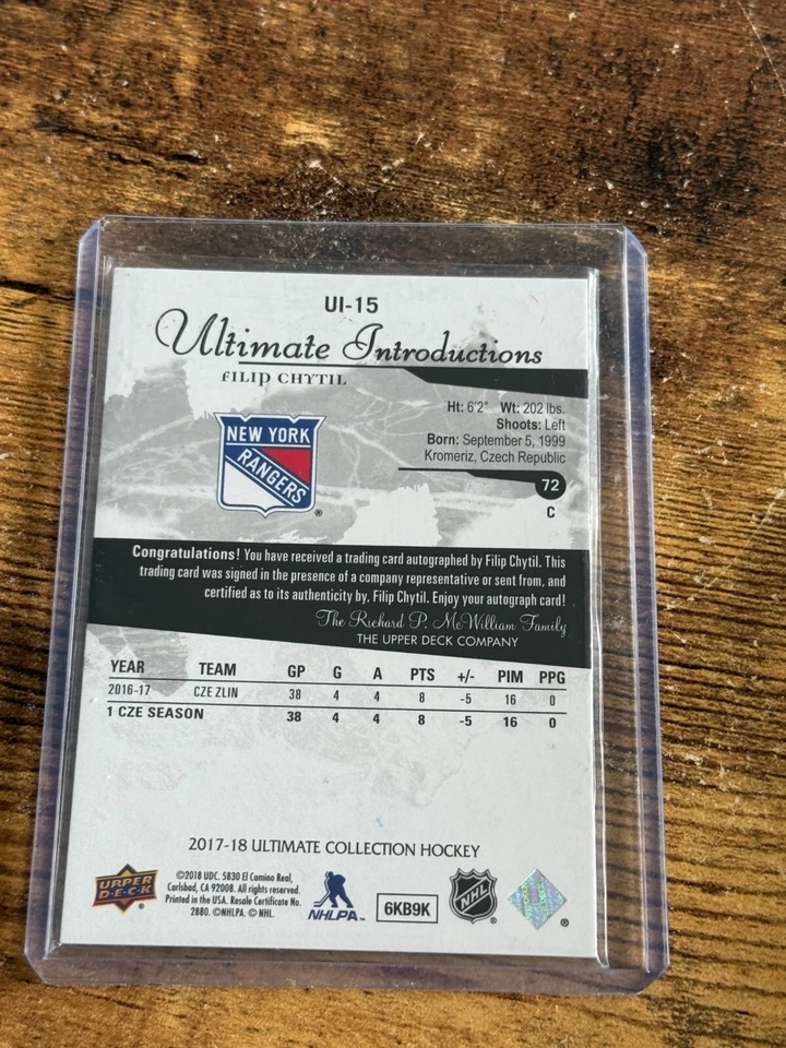 2017-18 Ultimate Collection Gold Spectrum /99 Filip Chytil #UI-15 Rookie Auto RC - Image 2 of 2