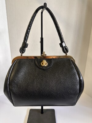 Vintage & Rare Saber Genuine Black Pebbled Leather Handbag Purse Jackie-O EUC