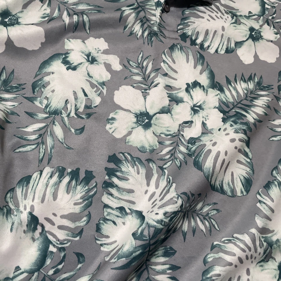 XL Men's TEK GEAR Vintage Grey Floral Polyester Hawaiian Polo Monstera Leaf AOP - Image 4 of 4