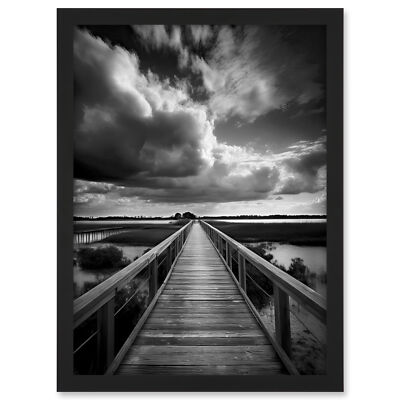 Wooden Bridge River Landscape Black and White Framed Wall Art Picture Print A3