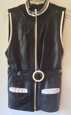  Manigance Paris Black Front Genuine Leather White Trim Vest Zipper Size 4