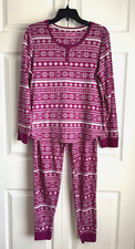 Maidenform Ws Medium 2 Pc Henley Top / Pants Knit Pajamas Pink Snowflake print