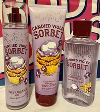 3 X BATH BODY WORKS CANDIED VIOLET SORBET FINE FRAGRANCE MIST CREAM SHOWER GEL