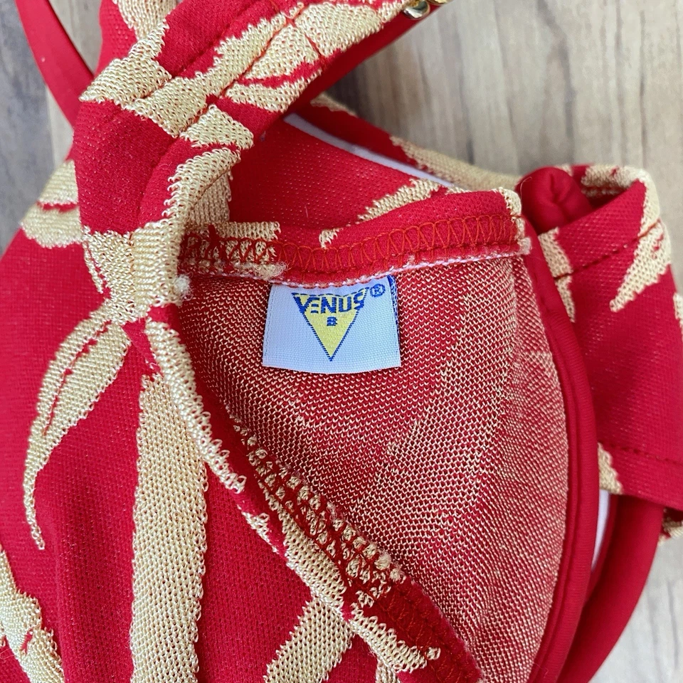 Traje de baño vintage Venus bikini top talla B copa rojo y dorado bambú floral retro años 90 Foto 2 de 4