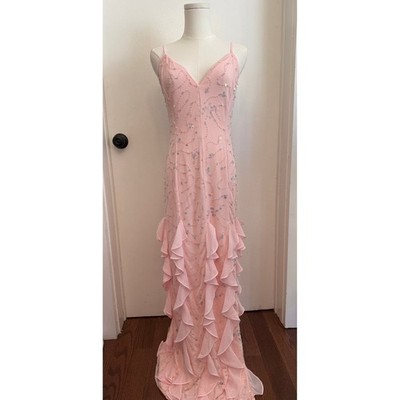 Bebe Cascade Beaded Mesh Gown Blush Pink Sequin Ruffle Formal Dress BEBE1324 S