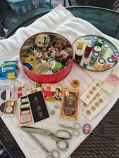 Vintage sewing accessories lot Threads Needles Thimbles Scissors Buttons Etc