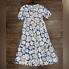 Royal blue and white tiered midi dress floral print