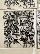 Vintage Abstract Lino Block Prints On Paper X6  Same Folk Art Motif Mid Century
