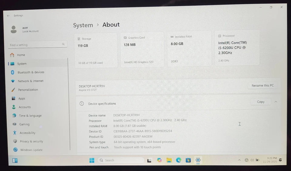RARO Bonito Portátil Acer 372T Blanco Nueva Batería i5 6to USB C Win 11 Táctil 128GB SSD Foto 4 de 4