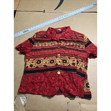Karibo Red Ethnic V Neck Shirt XL, Button Front Women's Top, Contemporary Style