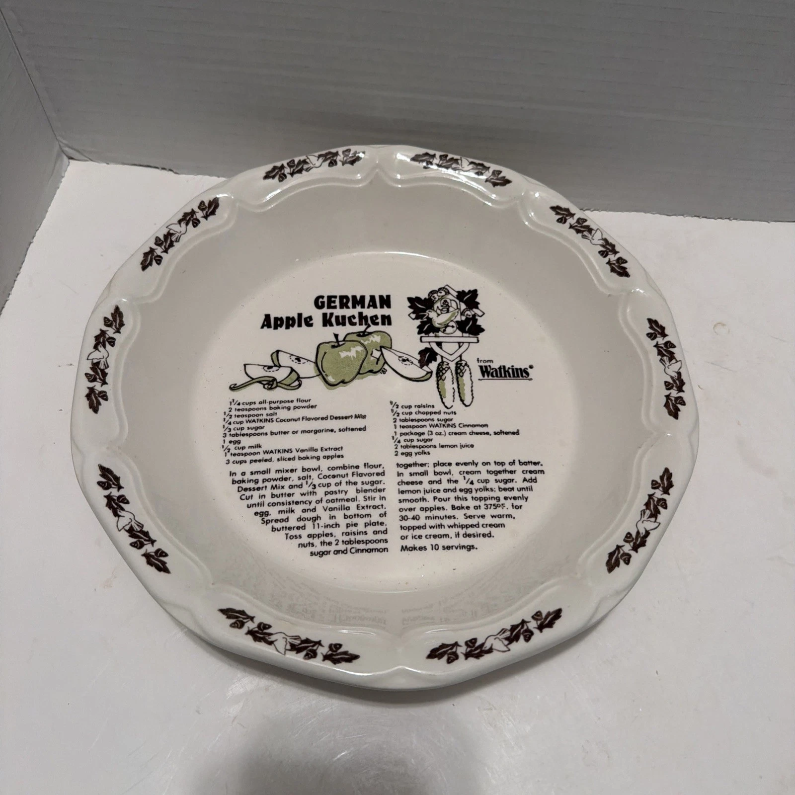 Vintage Watkins German Apple Kuchen Pie Dish with Recipe Pie Plate 1983 #6480