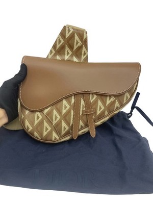 Dior Diamond Saddle Brown Canvas Leather Shoulder Bag Pre-Owned