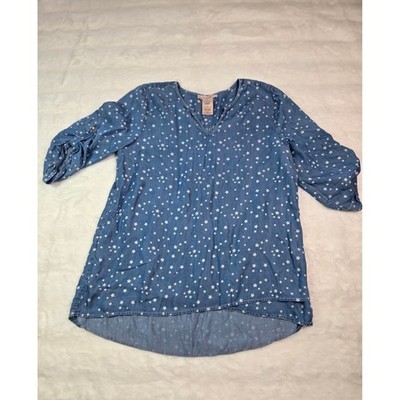 Philosophy Star Print Tencel Blouse Blue Roll Tab Sleeve Tunic Large Star Blast