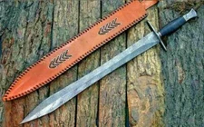 Custom Handmade Damascus Steel Sword & Leather Sheath" Black Micarta Handle