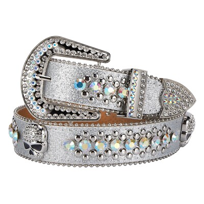 Silver Leather Women Western Fashion Belt W Skull Logo Bling Rhinestones  Crystal