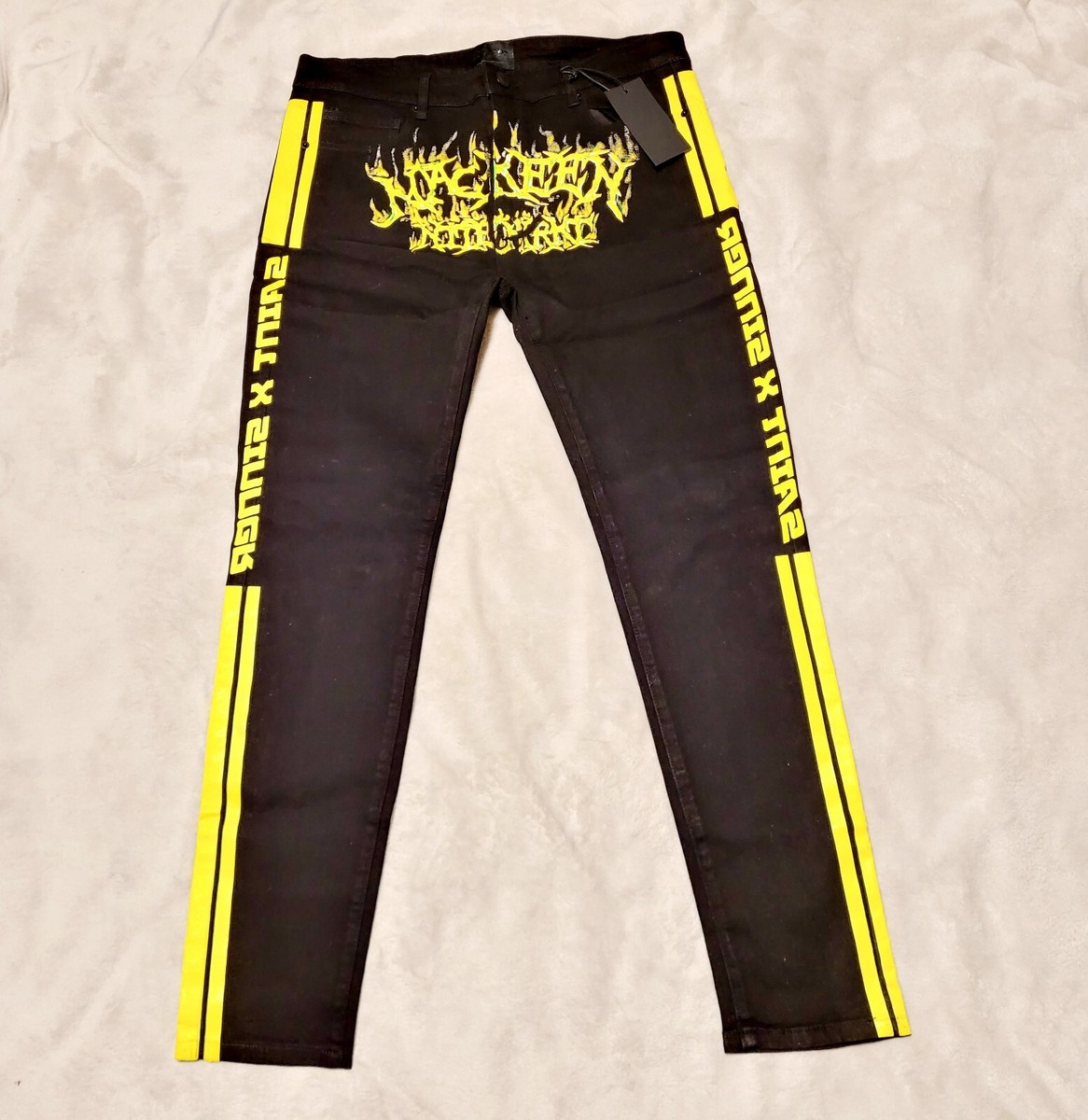 Mackeen Slim Jeans Mens Size 38 Saint x Sinner Yellow Stripe Black Stretch  NWT | eBay