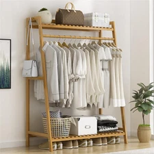 Colourtree Bamboo Clothing Rack 39" W Rack Heavy Duty Top Shelf Hanging Rod 