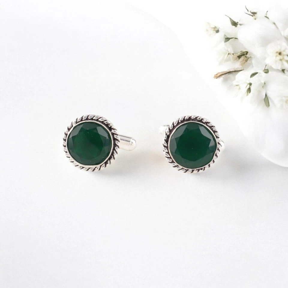 Green Onyx Gemstone 925 Solid Silver Jewelry Cufflinks 0.51" For Valentines Gift - Image 2 of 4