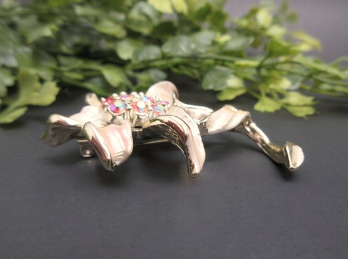 Strass Blume Brosche goldfarben Metall rosa Aurora Borealis Steine Vintage - Bild 4 von 8