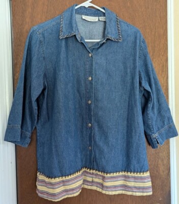 Casey & Max Vintage Denim Shirt, 3/4 Sleeves, Button Down , Cute Accents, Medium