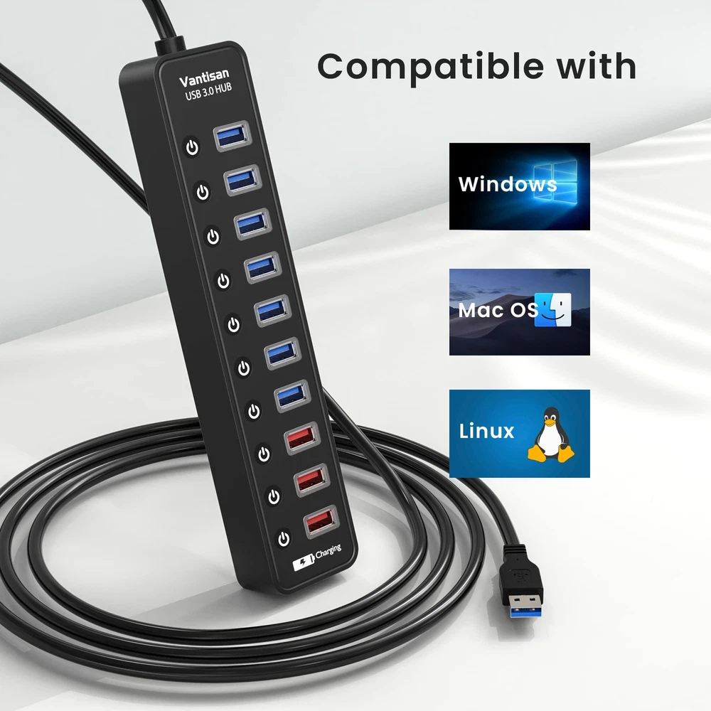 11-Port Powered USB 3.0 Hub with 7 Data Ports and Fast Charging