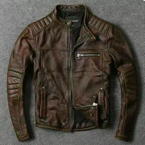 Men’s Motorcycle Biker Vintage Cafe Racer Distressed Brown Real Leather Jacket
