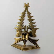 Vintage Brass Christmas Tree Candle Holder Holiday Gold 6 1/4” Tall India