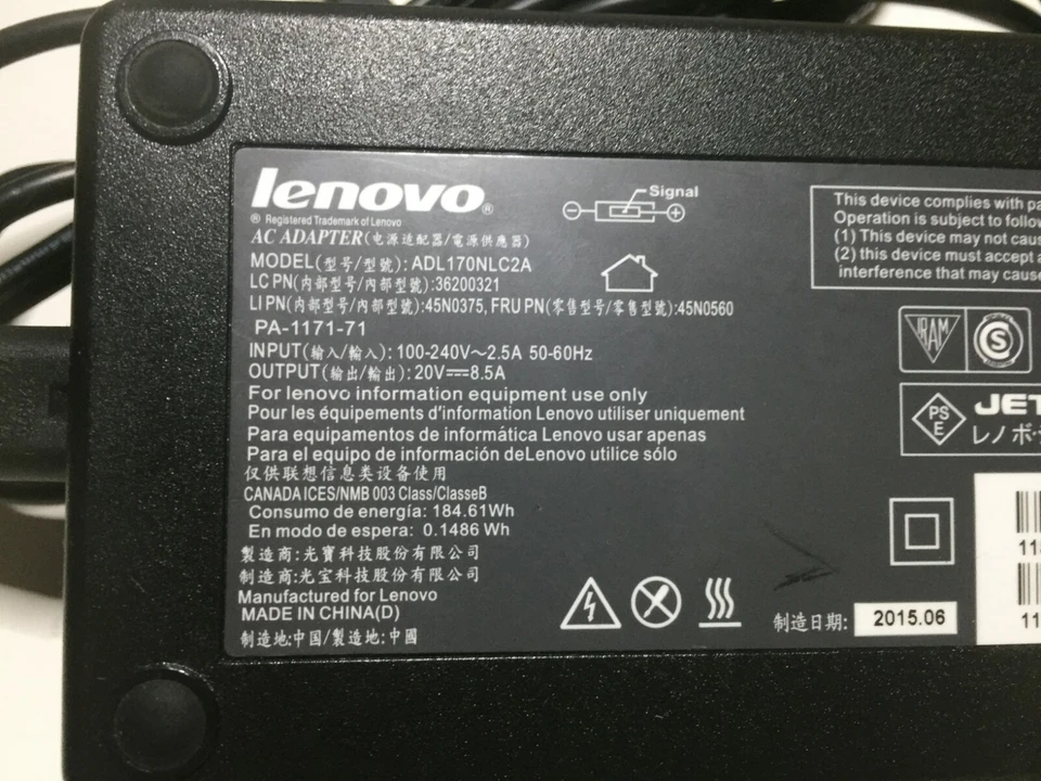 Adaptador de CA genuino Lenovo ThinkPad 170W (punta delgada) - 4X20E50574 (170 vatios) OEM Foto 3 de 3