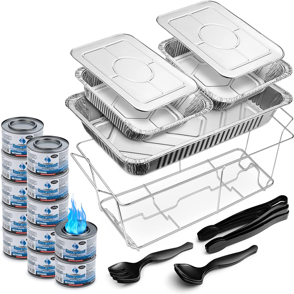 Disposable Chafing Dish Buffet Set - 33 Pc Complete Kit With 3 Full-Size Pans (9x13), Fuel Cans, Utensils & Lids For Catering & Parties