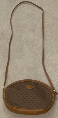 Vintage Gucci Oval Micro GG Crossbody Brown Coated Canvas/Leather Trim Bag Purse