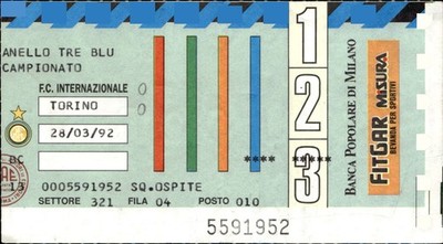 F.C. Stadium Ticket Internazionale vs Torino 28/03/1992 Championship