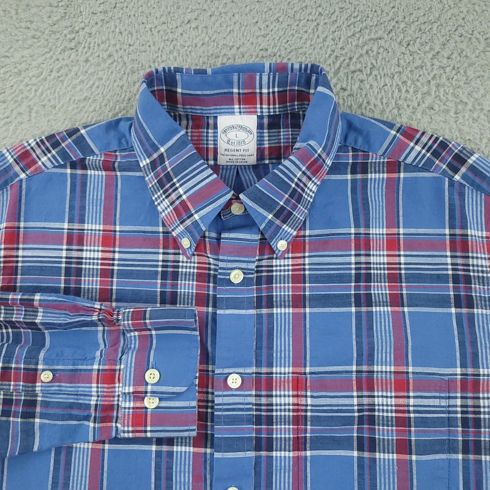 Brooks Brothers Shirt Mens Large Blue Red Plaid Regent Fit Button Down Cotton