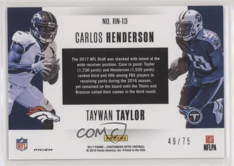 2017 Contenders Optic Round Numbers /75 Carlos Henderson Taywan Taylor Rookie RC - Image 2 of 2